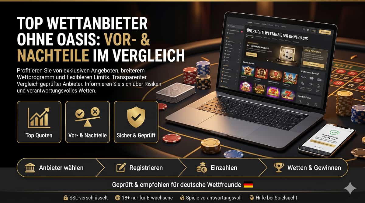 Ein Premium-Vergleichsportal für Wettanbieter ohne OASIS mit Laptop, Smartphone und Casino-Symbolen auf dunklem Grund.